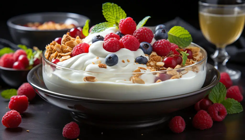 Freshness and indulgence in a gourmet berry parfait with yogurt generated by AI