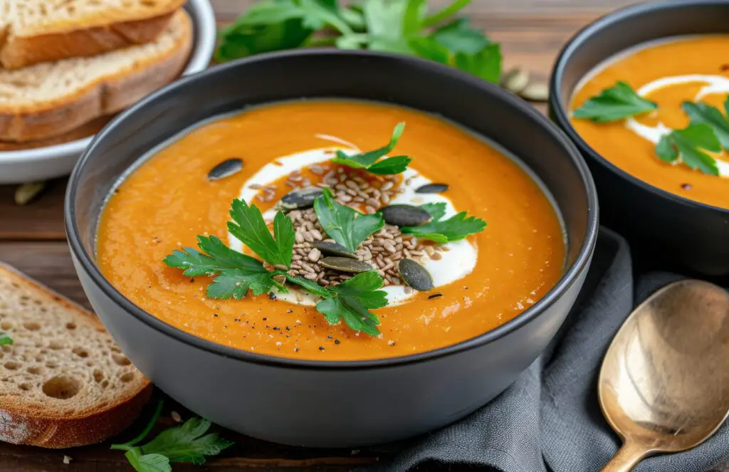 Creamy Pumpkin Soup With Bread on a Wooden Table
